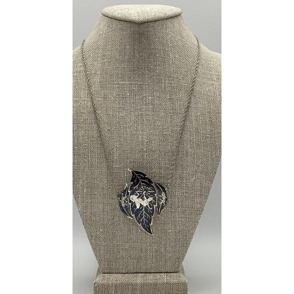 Vintage Siam Sterling Silver & Enamel Leaf Pendant Necklace 14.39g - 20" long - Picture 1 of 8